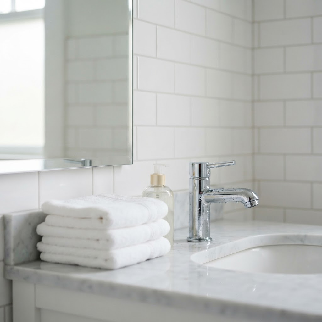 Polished chrome faucet and folded fresh towels in a spotless bathroom