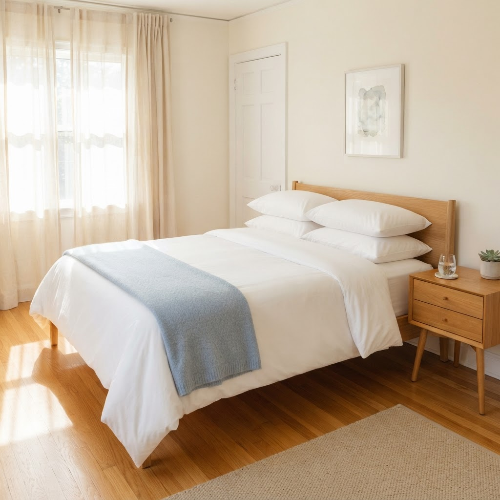 Neatly made bed with crisp white linens in a freshly cleaned bedroom