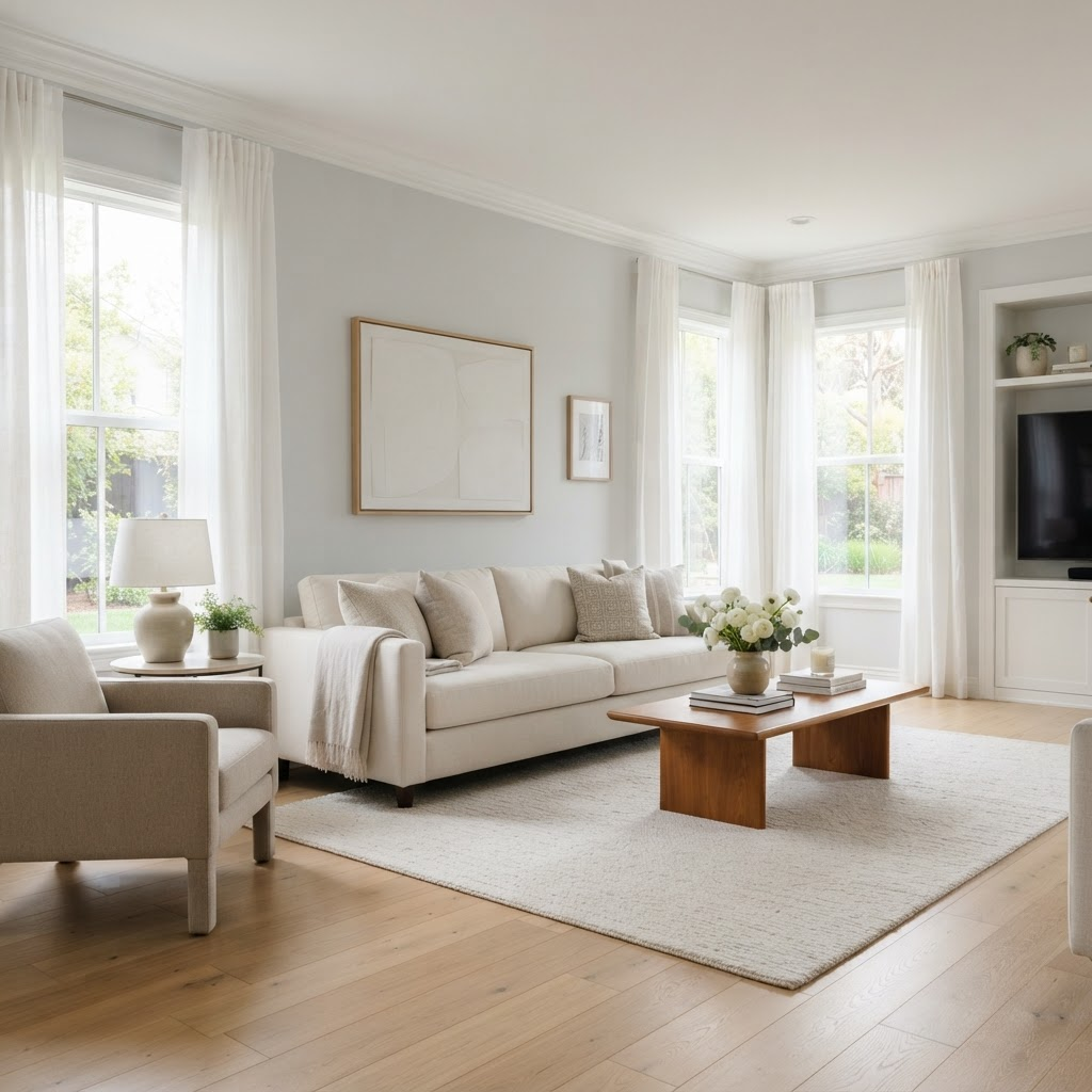 Bright, freshly cleaned living room with spotless hardwood floors and natural light